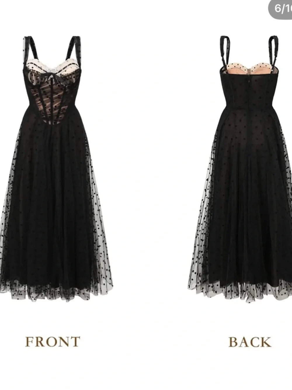 ✨NWT✨LACEMADE Dream Harbor Midnight 🖤Black Corset Sheer Polka Dot Midi Dress - Picture 13 of 16